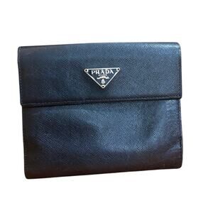 Prada Black Saffiano Leather Card Holder Triangle Logo Compact Wallet Authentic